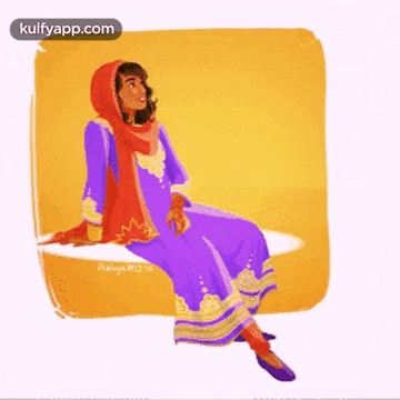 a drawing of a woman in a purple dress and red scarf sitting on a table .