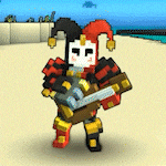 a pixel art of a jester holding a gun