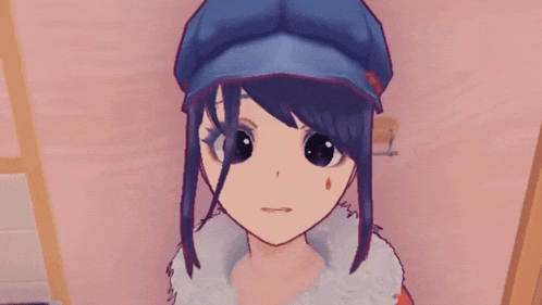 a cartoon girl with blue hair and a blue hat is making a sad face