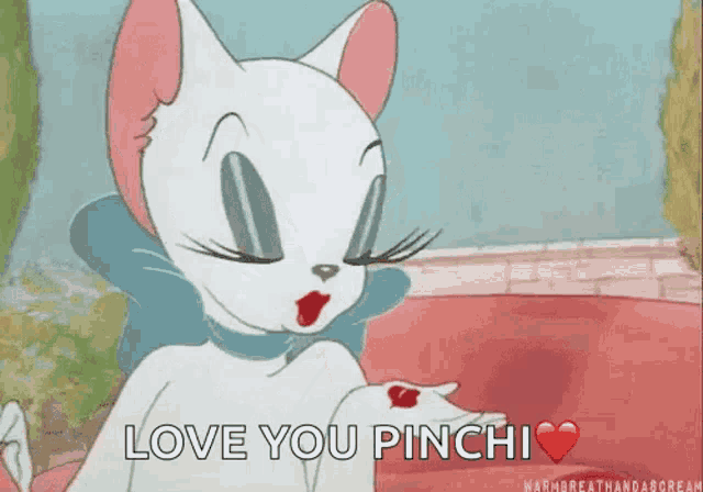 a cartoon cat is blowing a kiss and says `` love you pinchi '' .