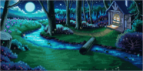a pixel art painting of a house in the woods at night