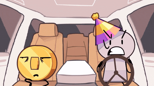 a cartoon character wearing a party hat is driving a car next to a coin