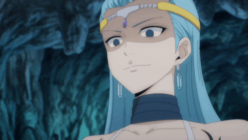 a woman with blue hair has a crown on her head and earrings