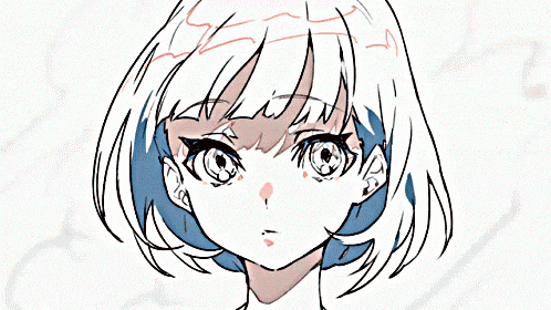a drawing of a girl with blue hair and a red nose