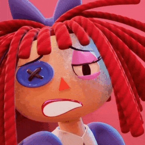 a close up of a doll with red hair and a blue button on her eye