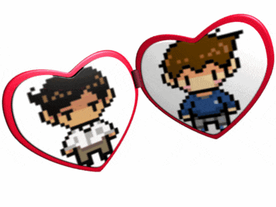 two heart shaped mirrors with pixel art of a man and woman