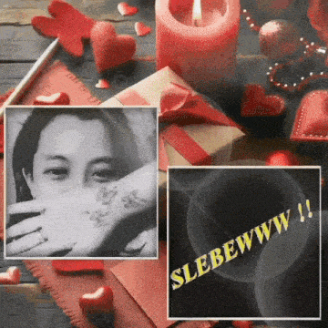 a woman with a tattoo on her wrist is surrounded by hearts and a candle