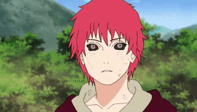 a young boy with red hair and black eyes is standing in a field with trees in the background .