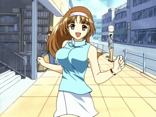 a girl in a blue top and white skirt is standing on a sidewalk in front of a bus stop