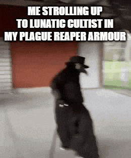 a man in a plague doctor costume is strolling up to lunatic cultist in his plague reaper armour .