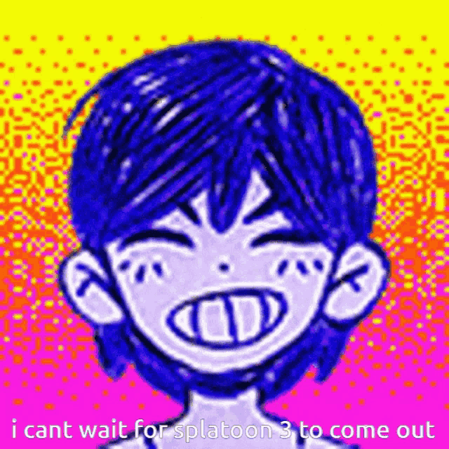 a drawing of a person with blue hair and a big smile on a colorful background .