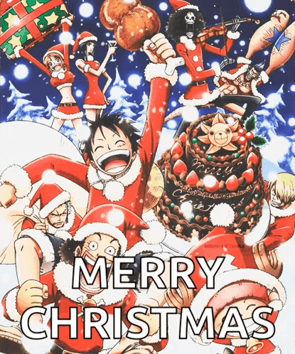 a merry christmas greeting card with a group of anime characters in santa hats
