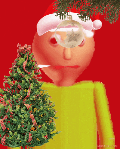 a man wearing a santa hat holds a christmas tree