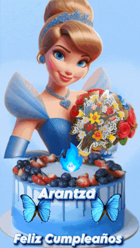 a picture of a cinderella holding a bouquet of flowers next to a cake that says feliz cumpleanos