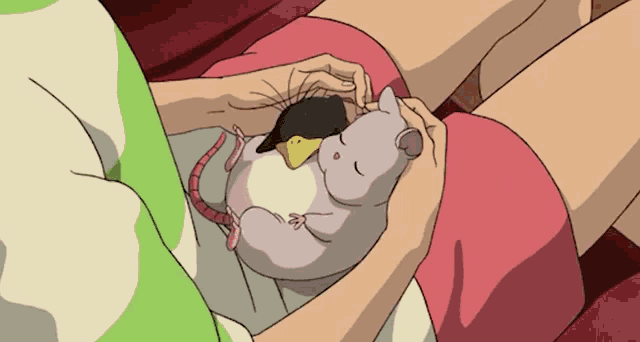 a cartoon drawing of a person holding a rat