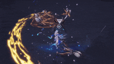 a person in a white dress is surrounded by blue and purple waves
