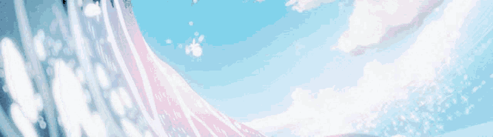 a blue sky with white clouds and a pink object in the middle