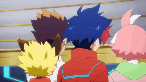 a group of anime characters including a boy with blue hair and a girl with pink hair