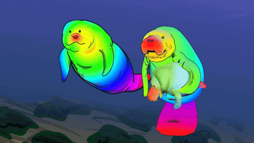 a cartoon drawing of two manatees swimming in the water