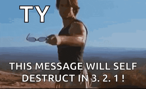 a man is holding a pair of sunglasses in front of a message that says ty this message will self destruct in 3.2.1