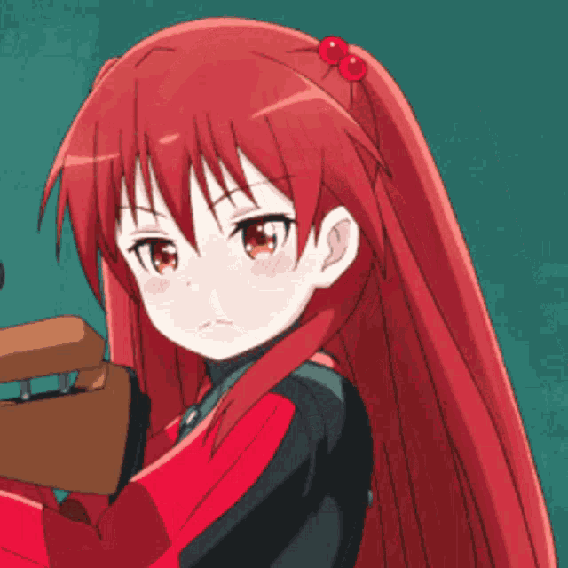 a girl with red hair is holding a rifle in her hand