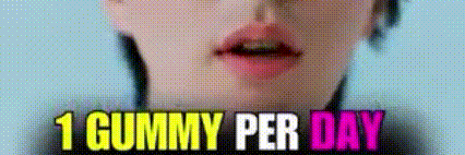 a close up of a woman 's face with the words `` 1 gummy per day '' written on it .