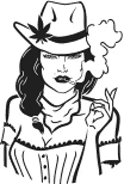 a black and white drawing of a woman wearing a cowboy hat smoking a cigarette .