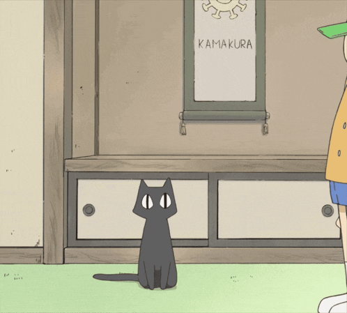 a cartoon drawing of a cat sitting in front of a kamakura sign