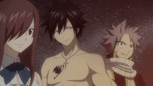 a group of anime characters are standing next to each other and one has a fairy tail tattoo on his chest