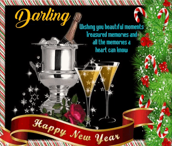 a happy new year card with a bucket of champagne and two glasses of champagne