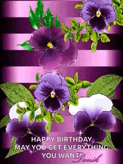 a happy birthday card with purple flowers on a purple background