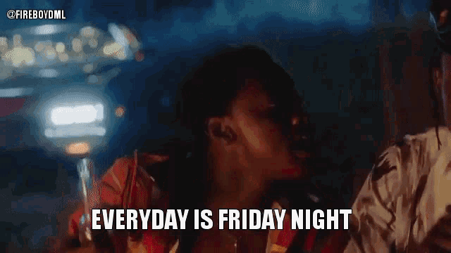 a woman is sitting next to a man in a car and says everyday is friday night