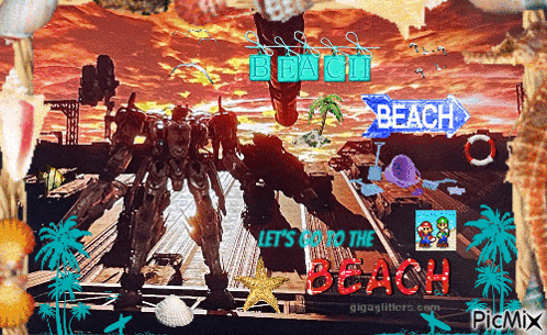 a picture of a robot with the words let 's go to the beach written on it