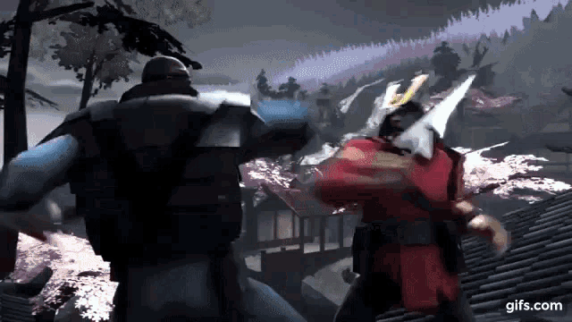 a man in a samurai costume is fighting another man in a samurai costume in a video game .