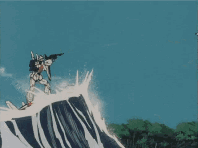 a robot with a gun is standing on a cliff with a huge explosion behind it