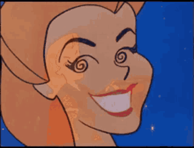 a close up of a cartoon woman 's face with a swirl in her eyes