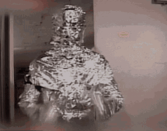 a man covered in aluminum foil is standing in a doorway .