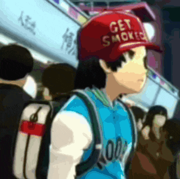 a man wearing a red hat that says get smoked