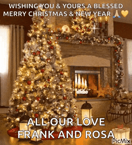 a christmas tree is in front of a fireplace and says wishing you & yours a blessed merry christmas