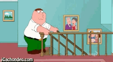 a cartoon of peter griffin standing on a staircase with cachondeo.com in the corner
