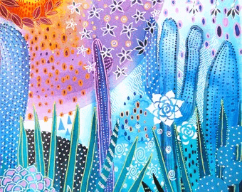 a colorful painting of cactus and flowers in a desert landscape