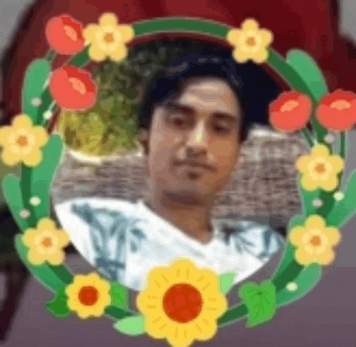a man is surrounded by flowers and leaves in a wreath .