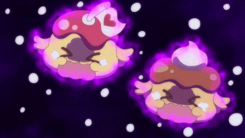 a cartoon drawing of two cupcakes with hearts on their heads and a purple background