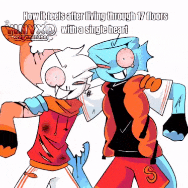 two cartoon characters are standing next to each other with the caption " how it feels after living through 17 floors "