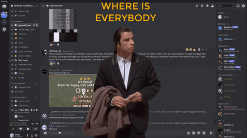 a man in a suit stands in front of a discord screen that says where is everybody