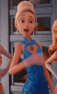 a cartoon character is wearing a blue dress with a heart on the chest .