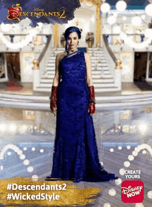 a poster for descendants 2 shows a woman in a blue dress and red gloves