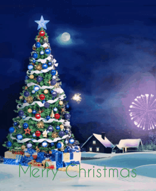 a merry christmas greeting card with a christmas tree and fireworks