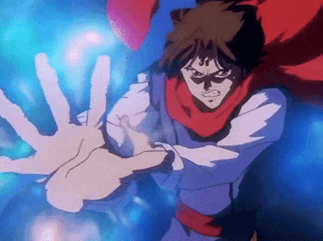 a cartoon character with a scarf around his neck is reaching out his hand