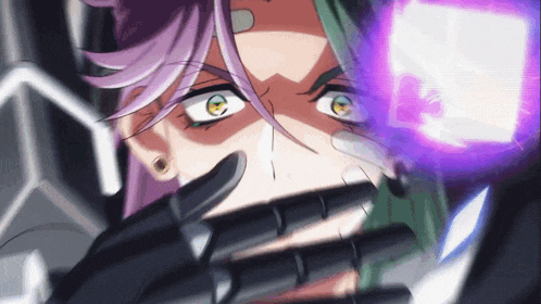 a woman with purple hair and green eyes is holding a purple object in front of her face